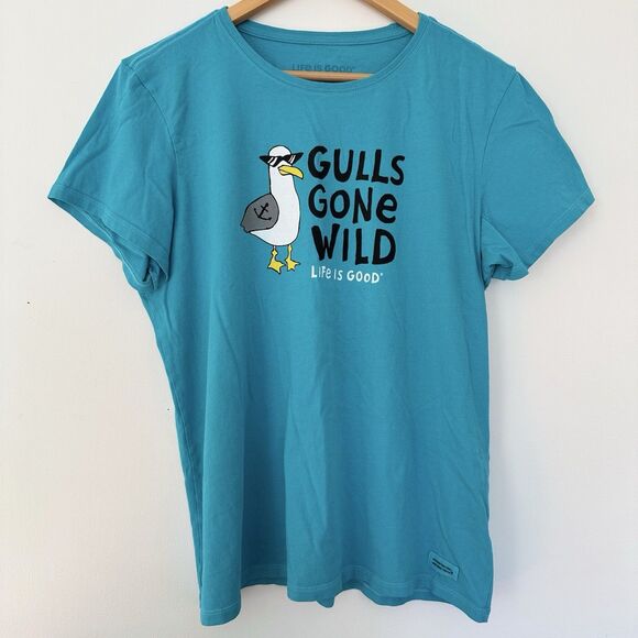 Life Is Good Womens XL Teal Seagulls Gulls Gone Wild Crusher Tee Tshirt Cotton - Picture 1 of 14